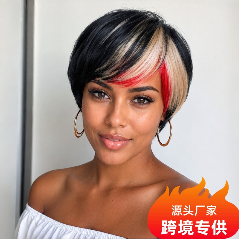 Cool Short Pixie Cut Wig for Foreign Trade and Cross-Border Sales, Black with Gold and Red Highlights, Bangs, Heat-Resistant Synthetic Fiber Cool Short Pixie Cut Wig for Foreign Trade and Cross-Border Sales, Black with Gold and Red Highlights, Bangs, Heat-Resistant Synthetic Fiber