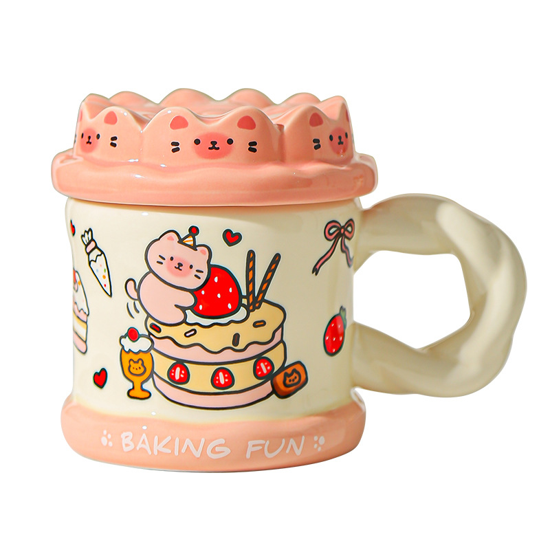 Tarta de cumpleaños pintada a mano, taza de gato, taza de cerámica de alta calidad con cubierta, taza de agua para niñas, taza de cerámica para parejas