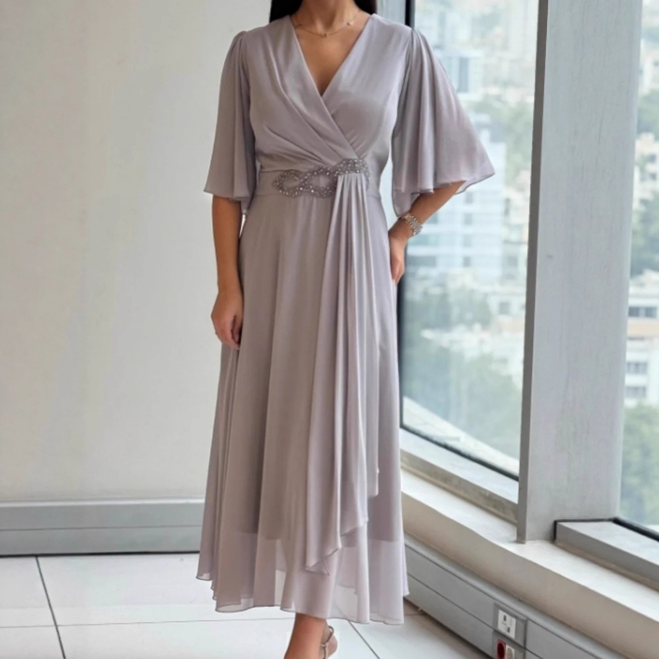 Women's V Neck Pleated Long Dress Solid Color Fashionable Design_ecoleips.com