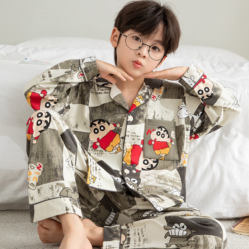 Children's Pajamas Boys Cotton Long Sleeve Spring Explosions Korean Style Cartoon Mid-Big Boy Crewneck Boys' Home Clothes suit