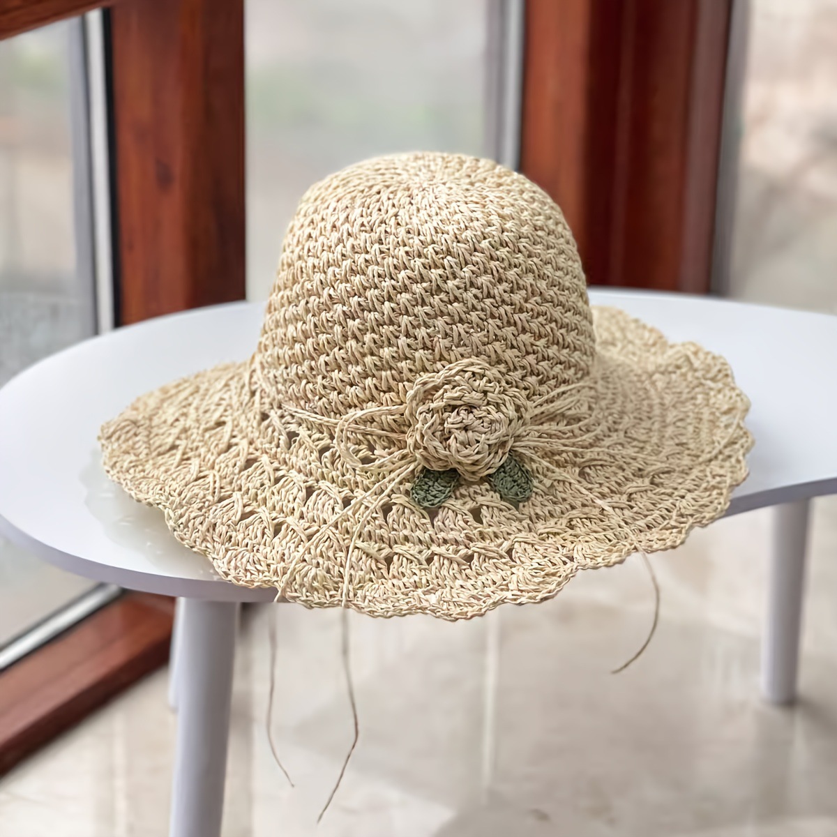 thumbnail image 1 of Elegant Crochet Flower and Green Leaf Straw Hat with Ruffle, 1 of 4