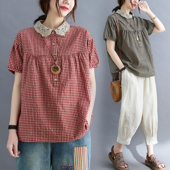 Plaid Shirt Women's Short-sleeved Summer 2025 New Loose plus size Casual Belly Covering Age-reducing Doll Collar Cotton Linen Shirt
