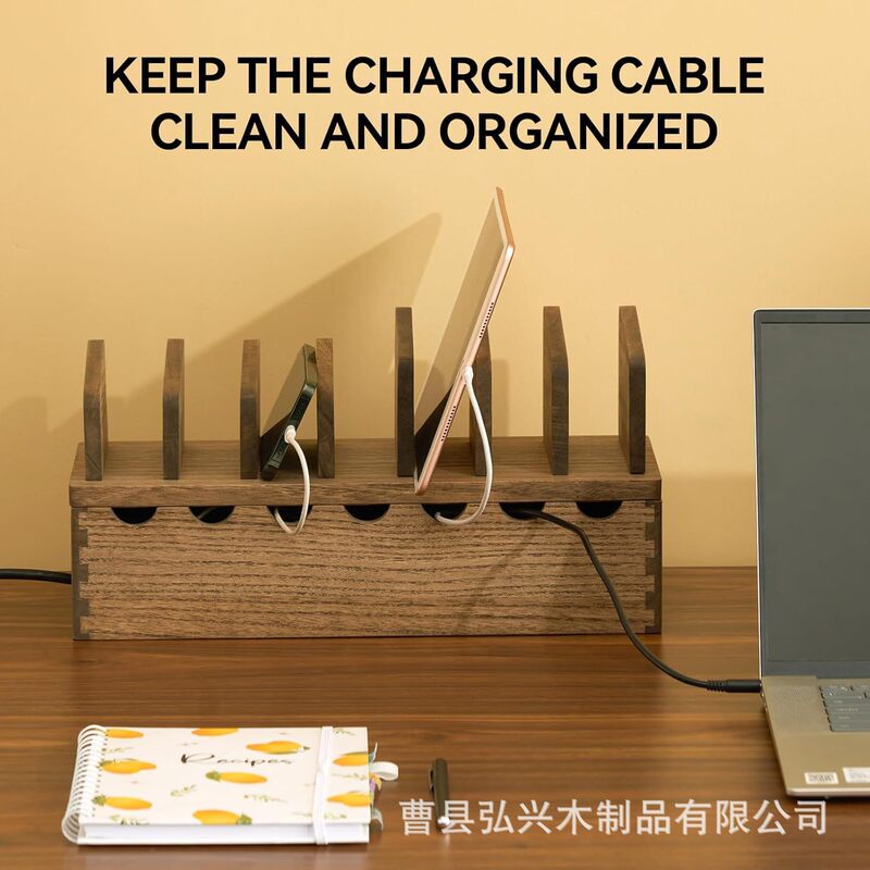 Wooden Multi-Device Charging Station Organizer, Detachable Compartmentalized Charging Stand for Mobile Phones and Tablets