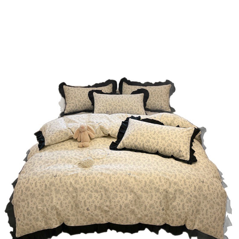 Jogo de cama de quatro peças em algodão 100%, estilo boho vintage nórdico francês, com renda vintage, 40 fios, design leve e elegante. Capa de edredom moderna e sofisticada._voghion.com