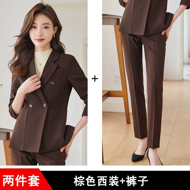 Classic women's demi-season suit set — blazer and trousers, brown, sizes S–4XL
