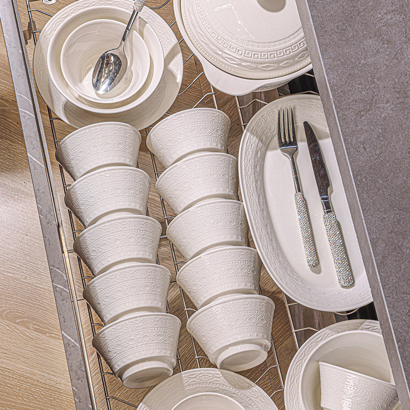 Palace-Style Bowl and Plate Set with Embossed Pure White Underglaze Color, High-End Ceramic Dinnerware for Home Use