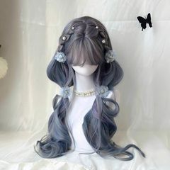 かつらの女性の全頭カバーのスモッグの青い紫の灰色のlolitaの空気の前髪の長い巻き髪のcosはかつらのカバーを染めます。