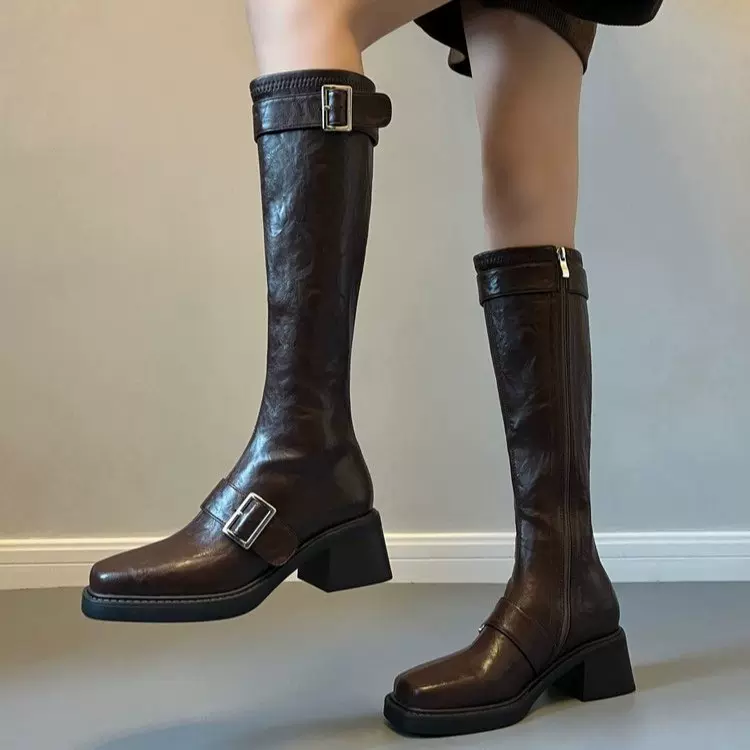 皮带扣橡胶软底长筒靴细腿小筒围长靴女新款骑士靴粗跟不过膝靴子