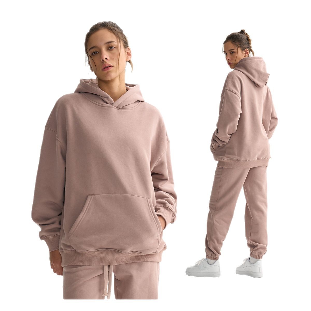 ETAI hombre 380G otoño y invierno con sudadera encapuchada simple color sólido tipo suelto hombre y mujer juego de dos piezas casuales