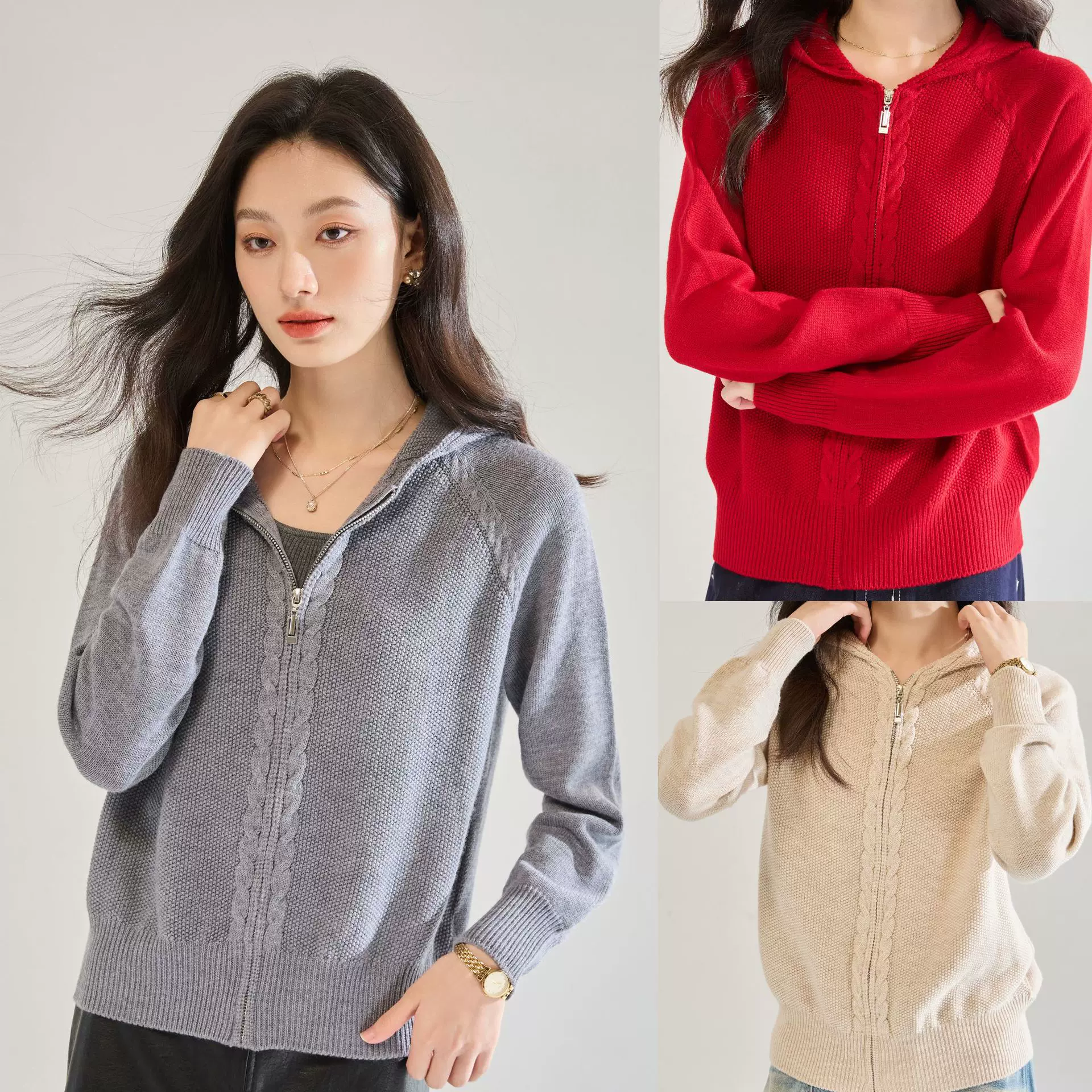 26春季新绞花羊毛针织衫连帽宽松开衫毛衣外套上衣女22659