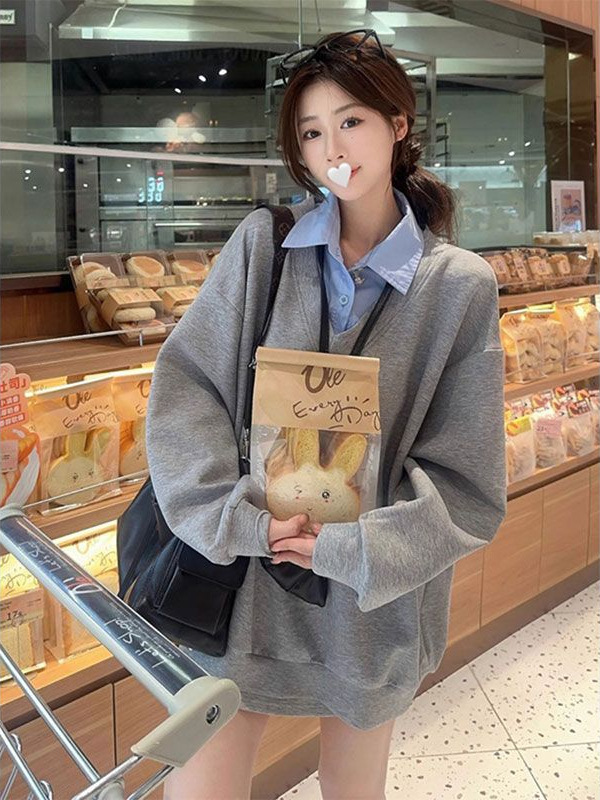 秋冬新款假两件灰色卫衣外套早秋款女装宽松慵懒风polo领上衣批发|undefined