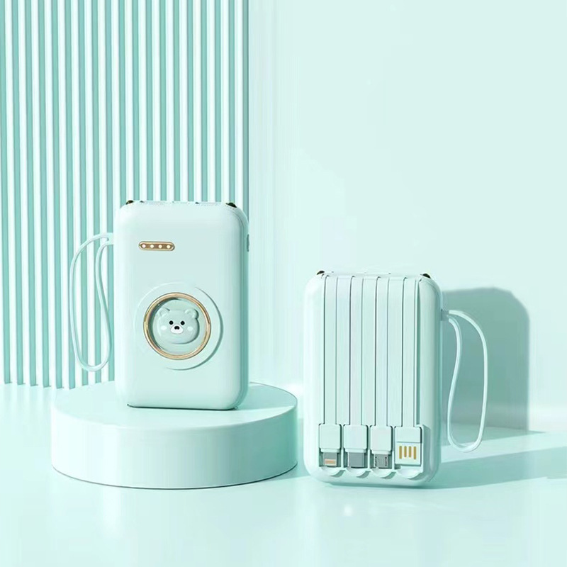 Pequeño poco mini caricatura 20000mAh fuente de alimentación portátil con un cable de arrastre cuatro adorable gran capacidad