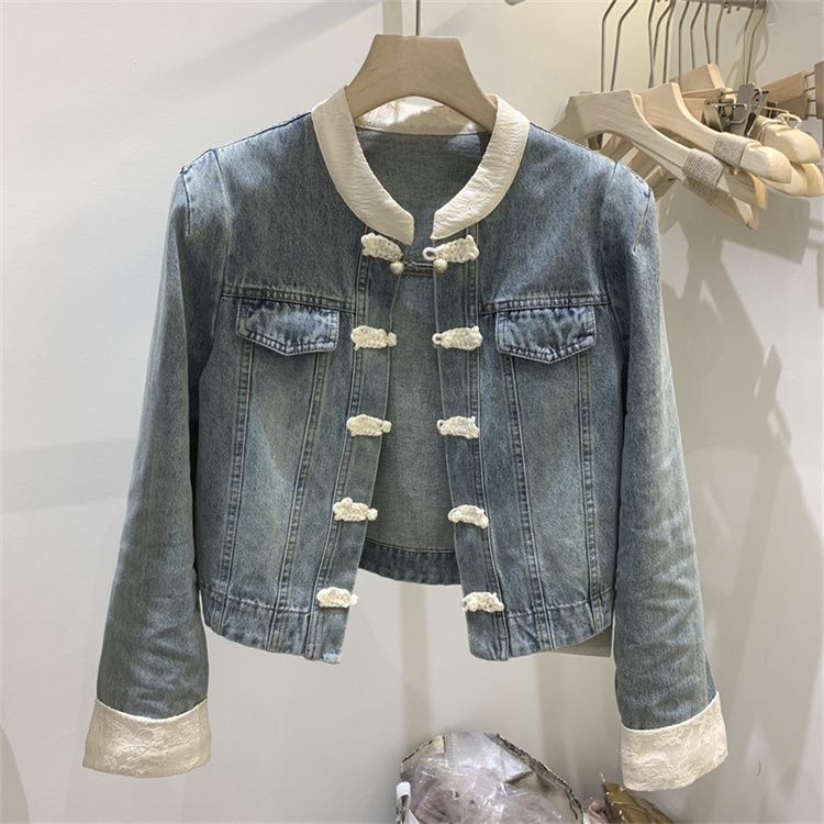Chinese Style Button Denim Jacket Women's Retro Splicing Short Top 2024 Spring & Fall New New Chinoiserie Color Matching Jacket Chinese Style Button Denim Jacket Women's Retro Splicing Short Top 2024 Spring & Fall New New Chinoiserie Color Matching Jacket