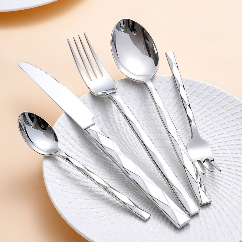 Forged square handle diamond 304 stainless steel western tableware hotel restaurant steak knife thickened knife fork spoon suit wholesale Forged square handle diamond 304 stainless steel western tableware hotel restaurant steak knife thickened knife fork spoon suit wholesale