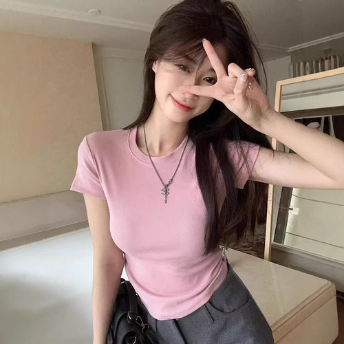 Women's Fitted T-shirt Short Sleeve Summer Round Neck Straight Shoulder Underwear to Show Chest Elastic Tight Hot Girl Style Sexy