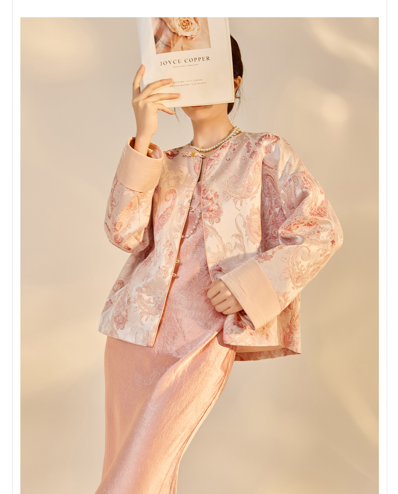 Áo khoác nữ kiểu Trung Hoa mới, chất liệu jacquard họa tiết nổi, phối khuy cài, form suông thu đông N9025 — Miju [phiên bản cotton], Hồng nhạt [phiên bản cotton], hồng nhạt, cơm cam chi tiết 30