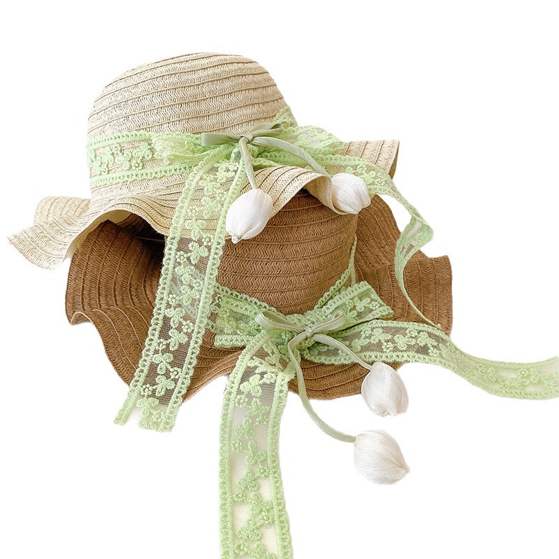 Nicho popular estilo coreano tulipán arco de papilla para niñas sombrero de paja paquete de bolsas pequeñas frescas dulces gorras de protección solar