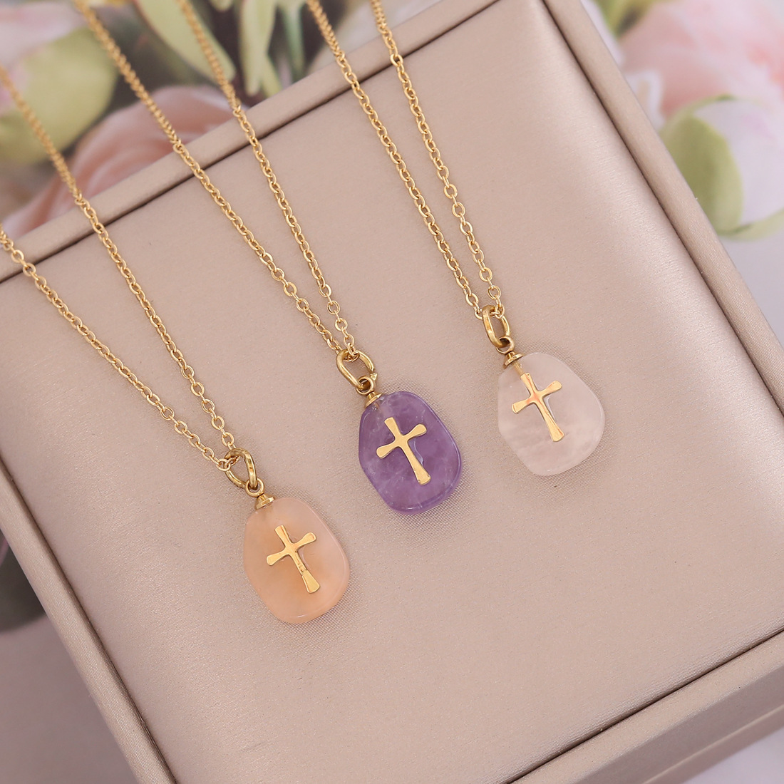 20g Weight Natural Stone Pendant Material Pendant Necklace Classification Simple Style Cross Natural Stone Titanium Steel Wholesale Pendant Necklace