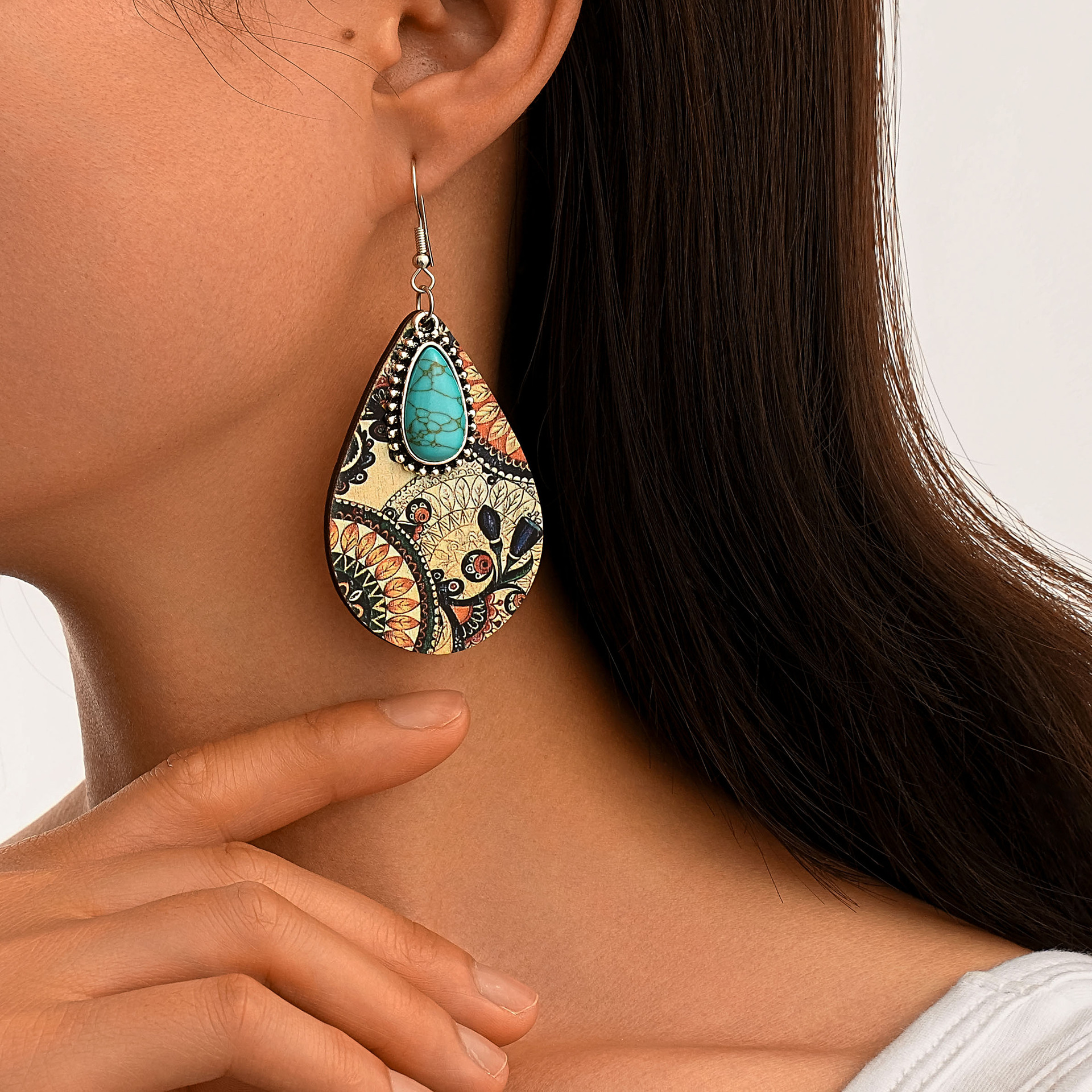 Retro wooden turquoise earrings drop-shaped