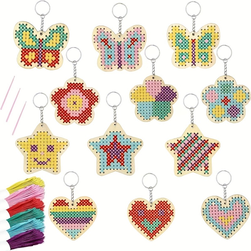 Cross-Border Star Cross-Stitch Keychain Children's Wooden Handmade DIY Craft Pendant Keyring Weaving Set