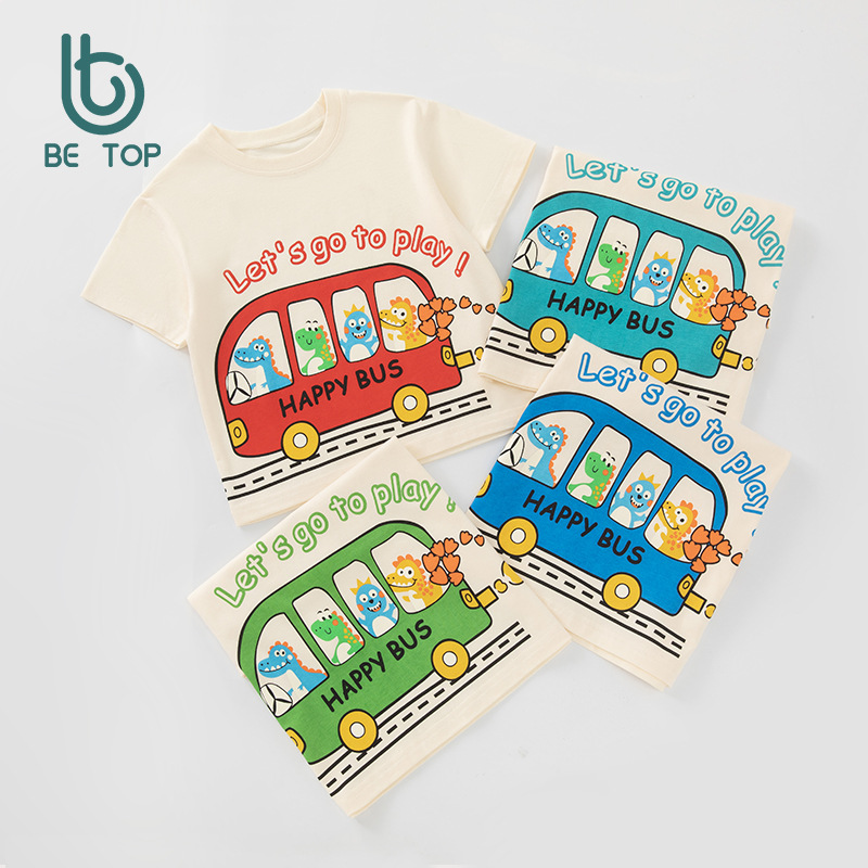 Betop nueva ropa para niños coreanos verano nuevo producto bus dinosaurio para hombres y bebés camiseta de manga corta al por mayor