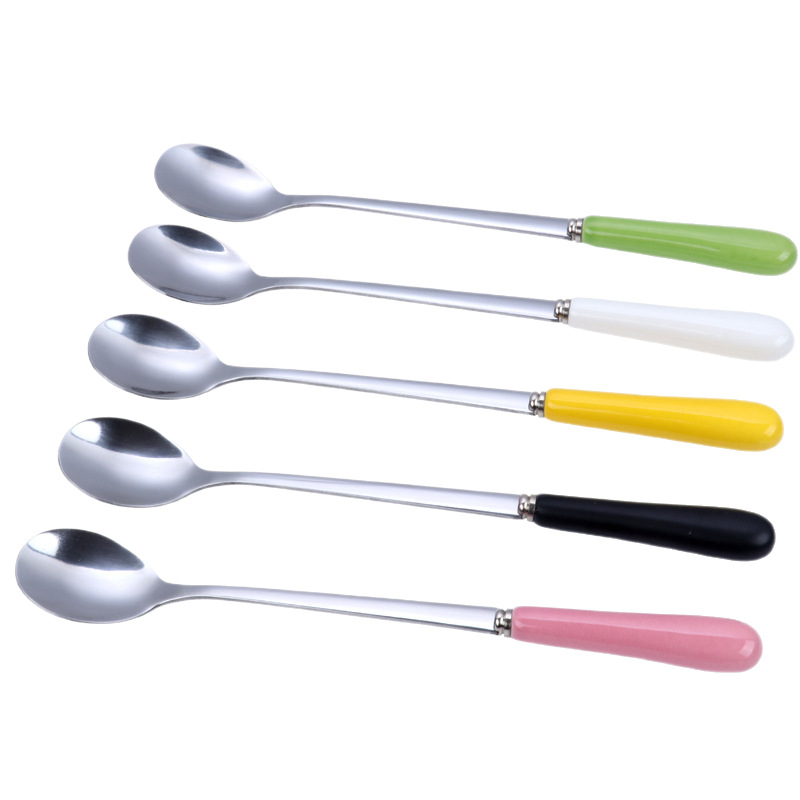 Ceramic Handle Dessert Spoon Stainless Steel For Coffee And Tea_voghion.com