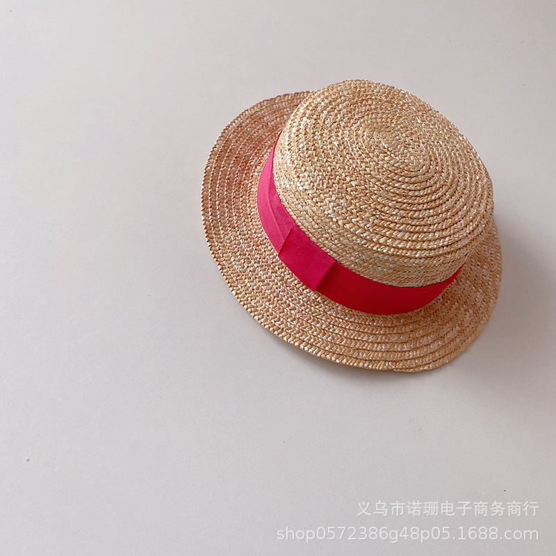 Sombrero de paja de trigo plano para niños, estilo coreano, para playa, ala ancha, protección solar, moda