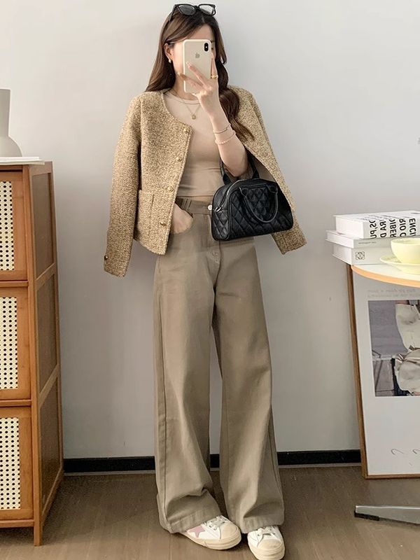 编织粗花呢小香风短外套女2025春秋感小个子圆领垫肩上衣跨境批发|undefined