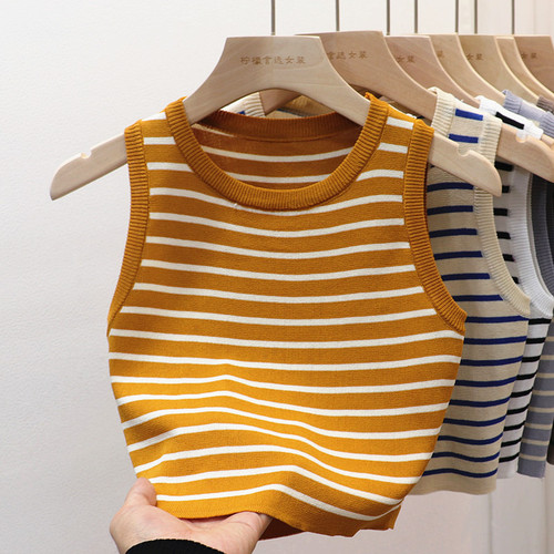 Southeast Asian Striped Vest Women's Short Slim Summer Round Neck Sleeveless Ice Silk Bottoming Knitwear Top