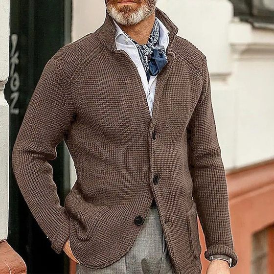 Cross-border European and American Fashion New Men's Casual Long-sleeved Knitted Cardigan Daily Solid Color Vertical Collar Slim-fit Sweater