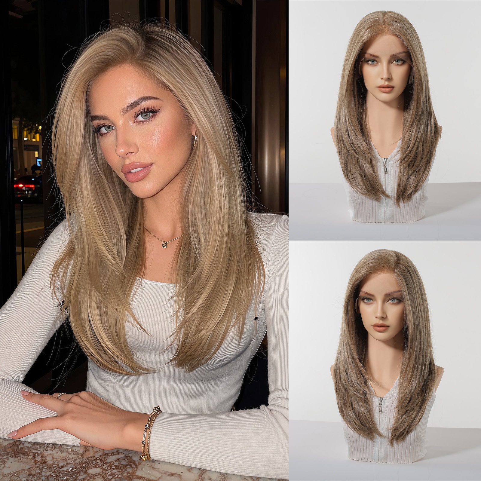 Peluca de encaje transfronteriza 13*6HD de gran superficie con raya al medio, cabello largo y liso negro-marrón, peluca de encaje completa de moda.