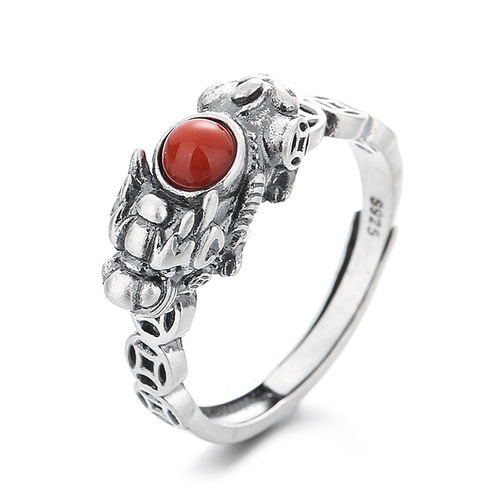 Yunchaoxuan S925 sterling silver retro aged matte craftsman Pixiu coin southern red inlaid antique style open ring