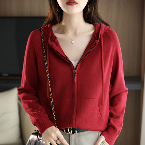 Zip-up Hooded Cardigan Knit Sweater for Women - 2024 Autumn/Winter New Arrival Top Coat - Loose and Slimming Outerwear Hooded Sweater