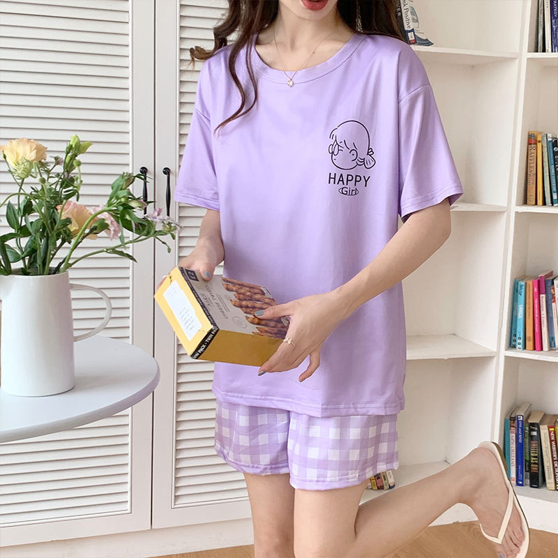 Purple Pajamas Summer Short-Sleeved Plaid Shorts New Casual Wearable Girls Dormitory Home Clothes Suit Thin