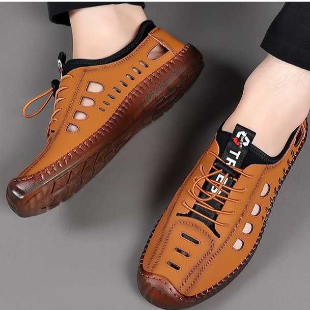 Sandalias perforadas de verano para hombre con suela de tendón de res, resistentes al desgaste, antideslizantes, modernas, versátiles, mocasines casuales sin cordones para hombre.