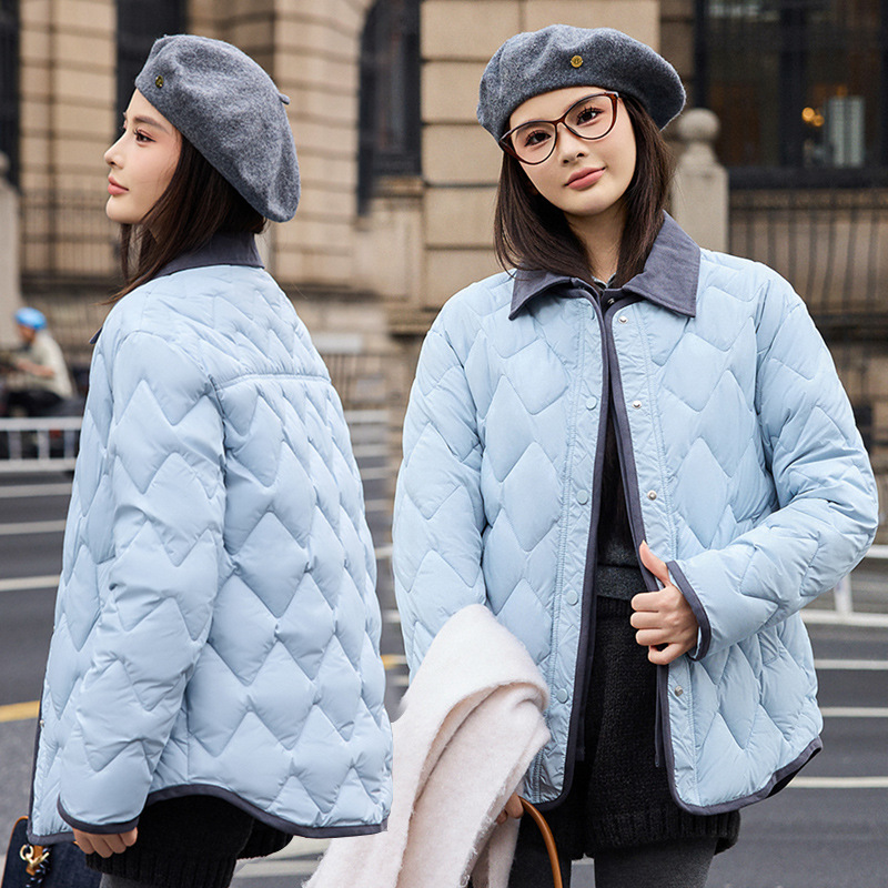 Retro americano pequeño viento de color contraste de algodón borde vestido de moda de invierno para hombres y mujeres cuadrillas sueltas chaqueta de solapa ligera lotes image 3