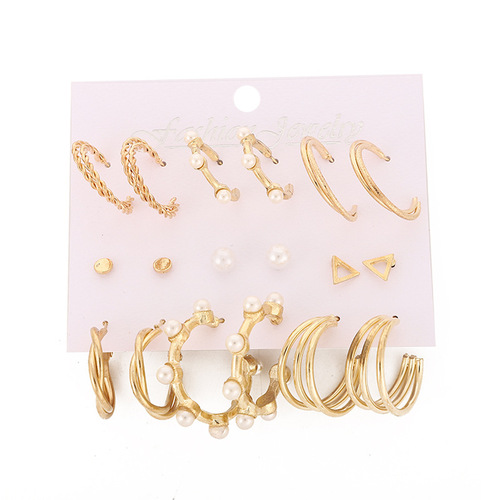 European and American cross-border new half-circle earring accessories, exaggerated creative retro imitation pearl hoop earring set, 9 pairs.