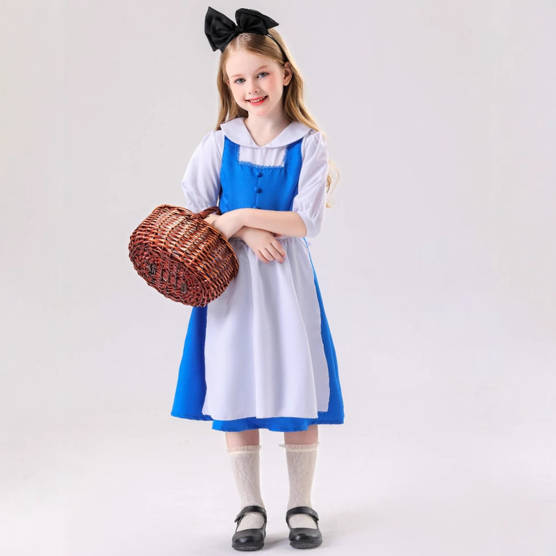Children's Day Costume Fairy Tale Ranch Girl Alice in Wonderland Blue and White Dress Set