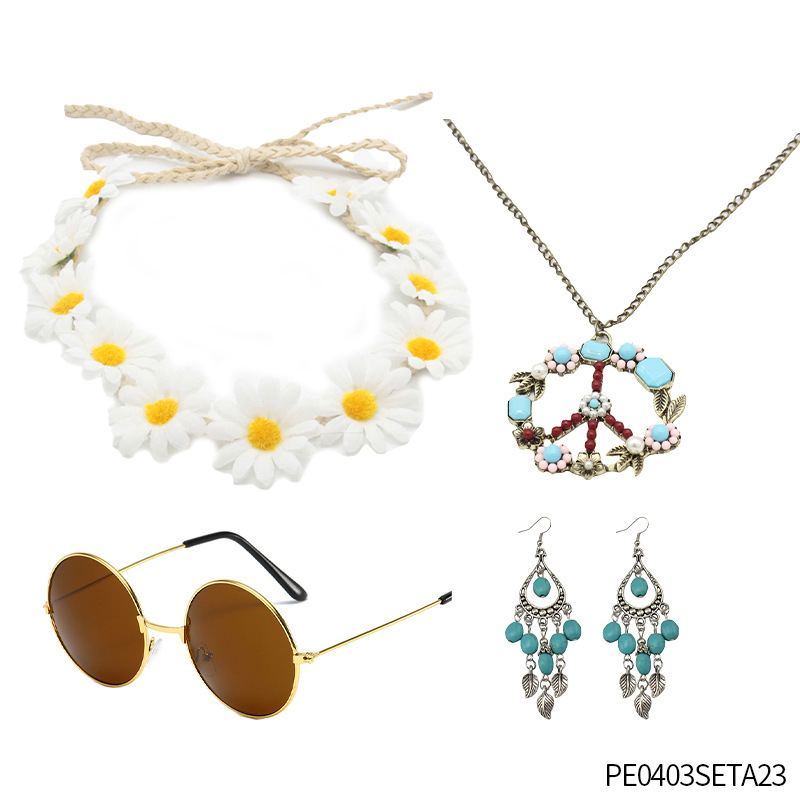 Accesorios de vestir hippies de la década de 1960, diadema de girasol, gafas redondas, conjunto de aretes de collar de talismán de paz
