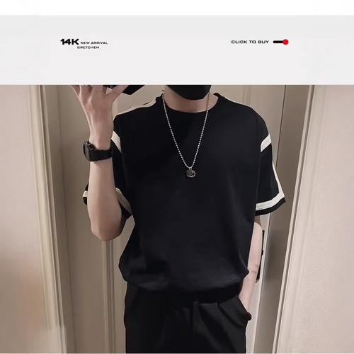 Plus-size men's trendy brand half-sleeve T-shirt for larger builds, featuring a loose fit, extended sizing, and eye-catching contrast-colored woven straps.