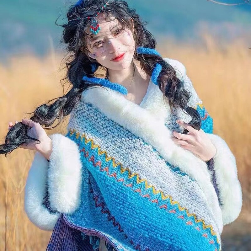 Lijiang Dali Hanging Ball Shawl Imitation Rex Rabbit Fur Oversized Fur Collar Ethnic Style Scarf Cloak with Sleeves Outwear Women's Cloak