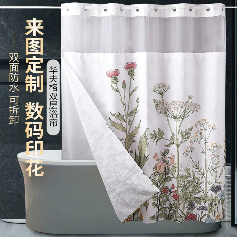 Double -layer waterproof shower curtain digital printing Walver shower curtain camera sample embedded large buckle bathroom partition curtain