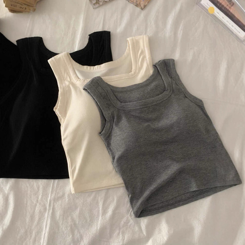 Women's Bra-Free Vest with Breast Pads, Small Suspender Bottoming Shirt, Brushed Hot Girl's Short Top That Can Be Worn Outside