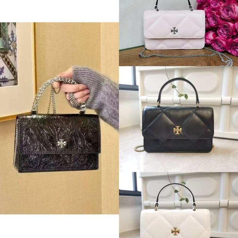 Tb New Oil Wax Leather Black Silver Mini Handbag Kira Quilted Small Square Bag Versatile One-Shoulder Cross-Body Chain Small Bag