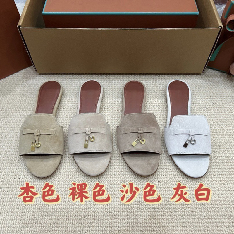 Lp Flat-Soled Outdoor Slippers, Genuine Leather Sheep Suede Slip-On Lazy Sandals for Women, Cross-Border Trade