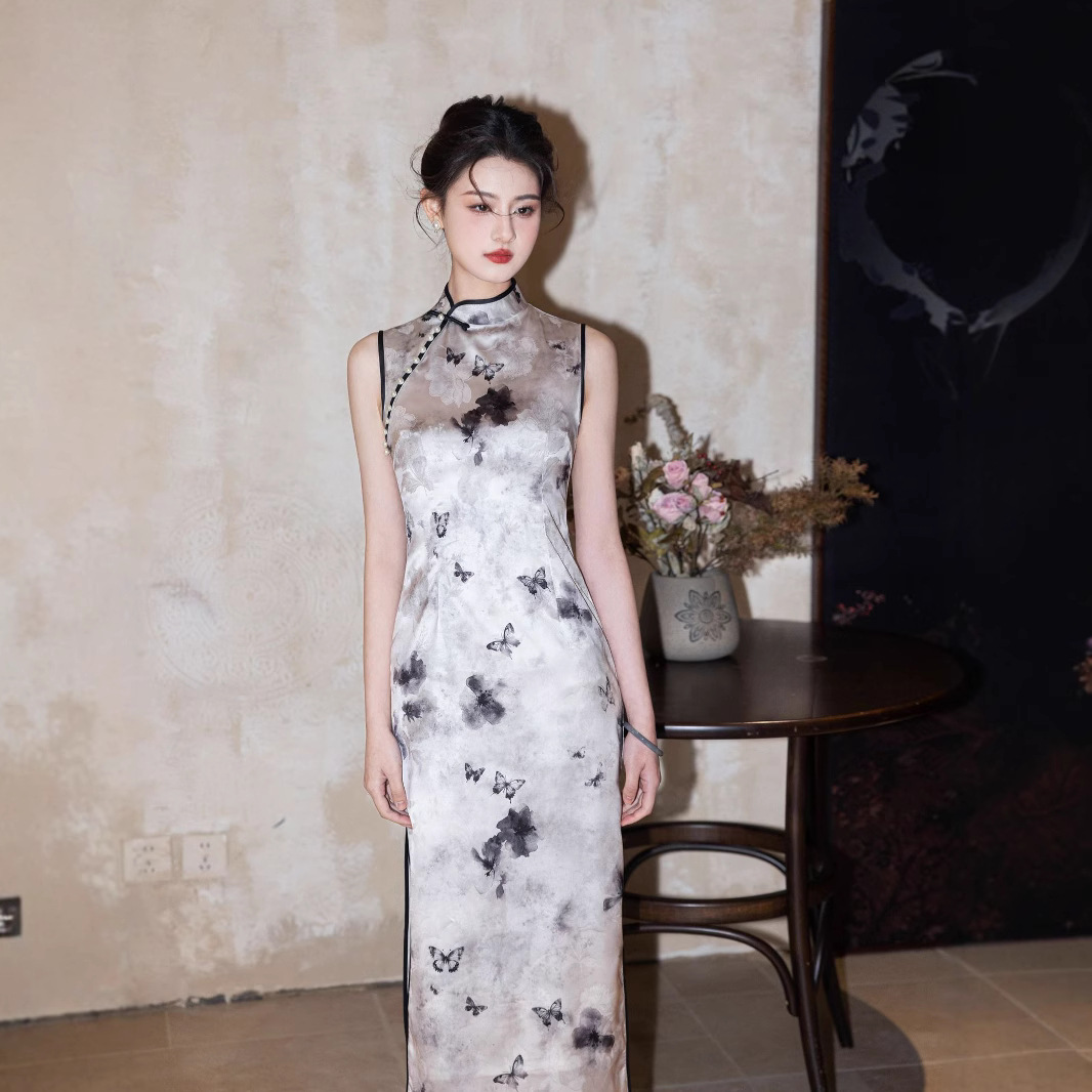 New Spring and Summer New Fashion Improved Sleeveless Cheongsam Retro Hong Kong Style National Fashion Style Girly Style Cheongsam Skirt National