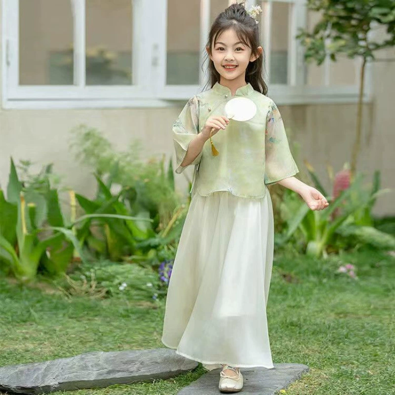 Комплект летней одежды для девочек Hanfu. Платье с короткими рукавами. Новый стиль для детей младшего, среднего и старшего возраста. Детский летний комплект из двух предметов в китайском стиле.