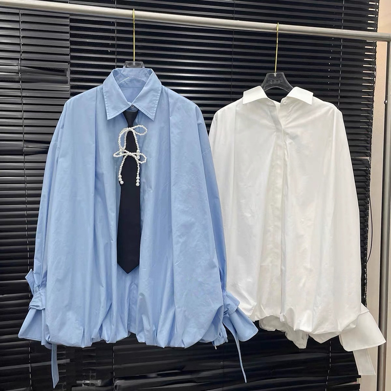 2026 Spring New Style Bud-Shaped Shirt for Women, Loose-Fitting French-Style Niche Design Shirt with Tie Decoration 2026 Spring New Style Bud-Shaped Shirt for Women, Loose-Fitting French-Style Niche Design Shirt with Tie Decoration