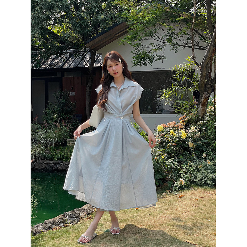 【歌铭】韩系通勤POLO领衬衫连衣裙女装初夏穿搭收腰中长裙N027C