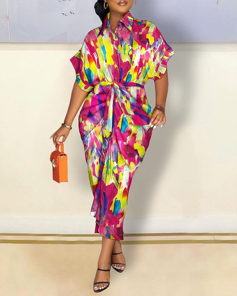 Elegant Color Block V Neck Short Sleeve Dresses Maxi Long Dress Wrap Dress